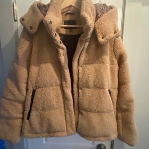 Sanctuary Sherpa Down Puffer Cheetah Hooded Coat in Camel Size Large
